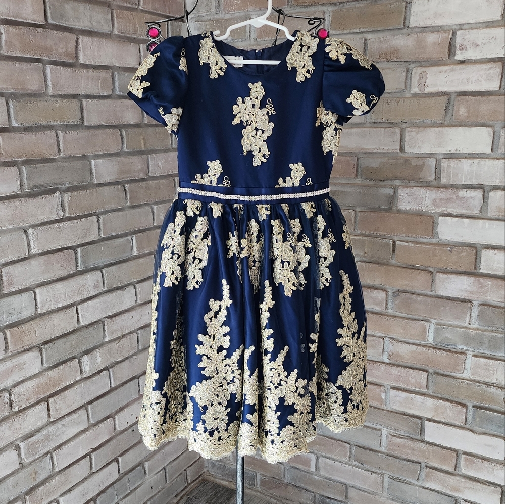 Elegant Navy Dress with Gold Embroidery